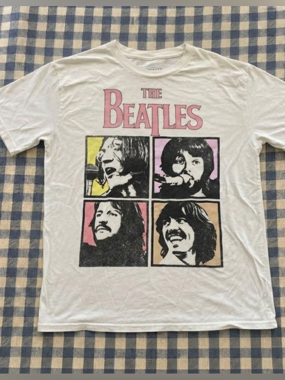 The Beatles White T‑Shirt with Pink Logo and Multi‑Color Portrait Panels